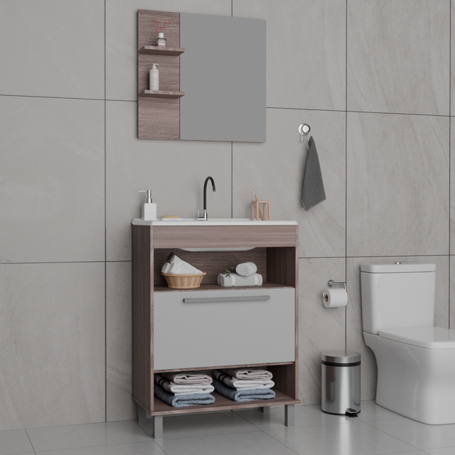 Mueble Baño con lavamanos 1 Puerta 2 Nichos Smoke Blanco