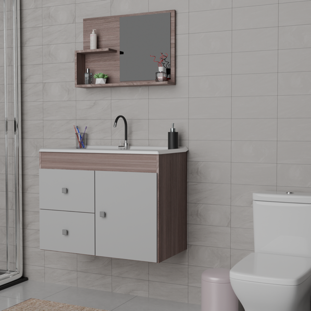 Mueble Baño con lavamanos 1 Puerta, 2 Cajones Smoke Blanco