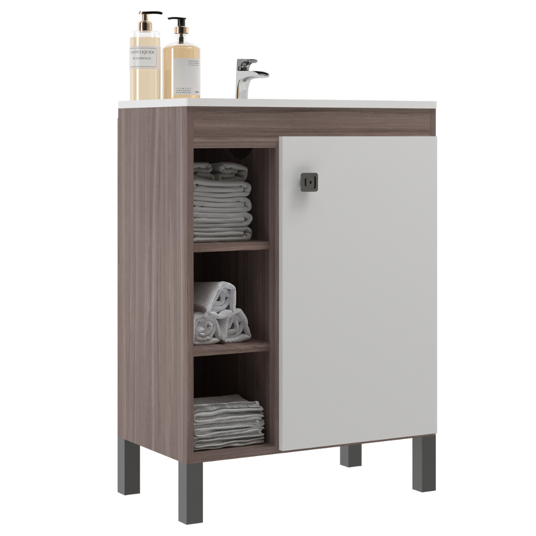Mueble Baño con lavamanos 1 Puerta 3 Nichos Smoke Blanco
