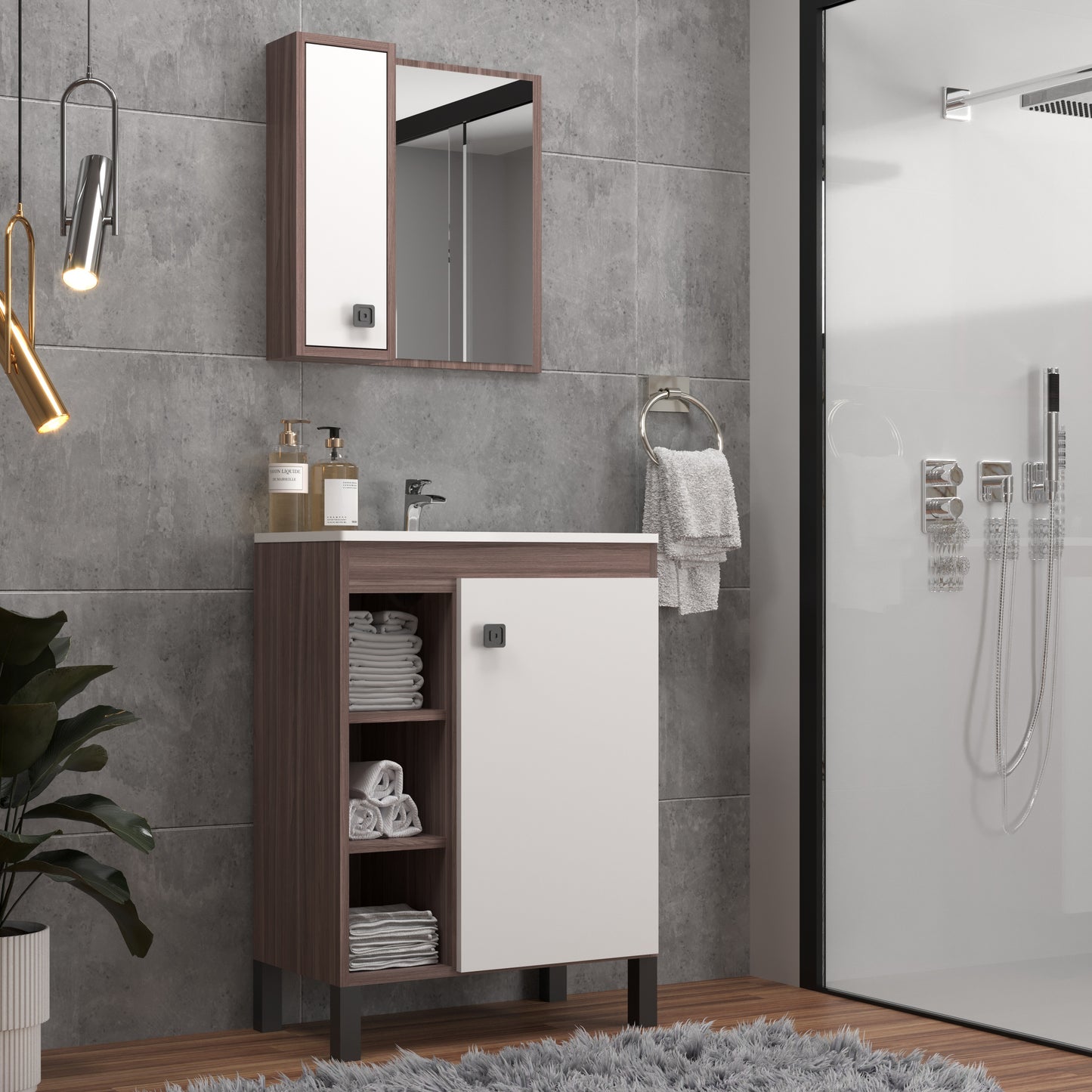 Mueble Baño con lavamanos 1 Puerta 3 Nichos Smoke Blanco