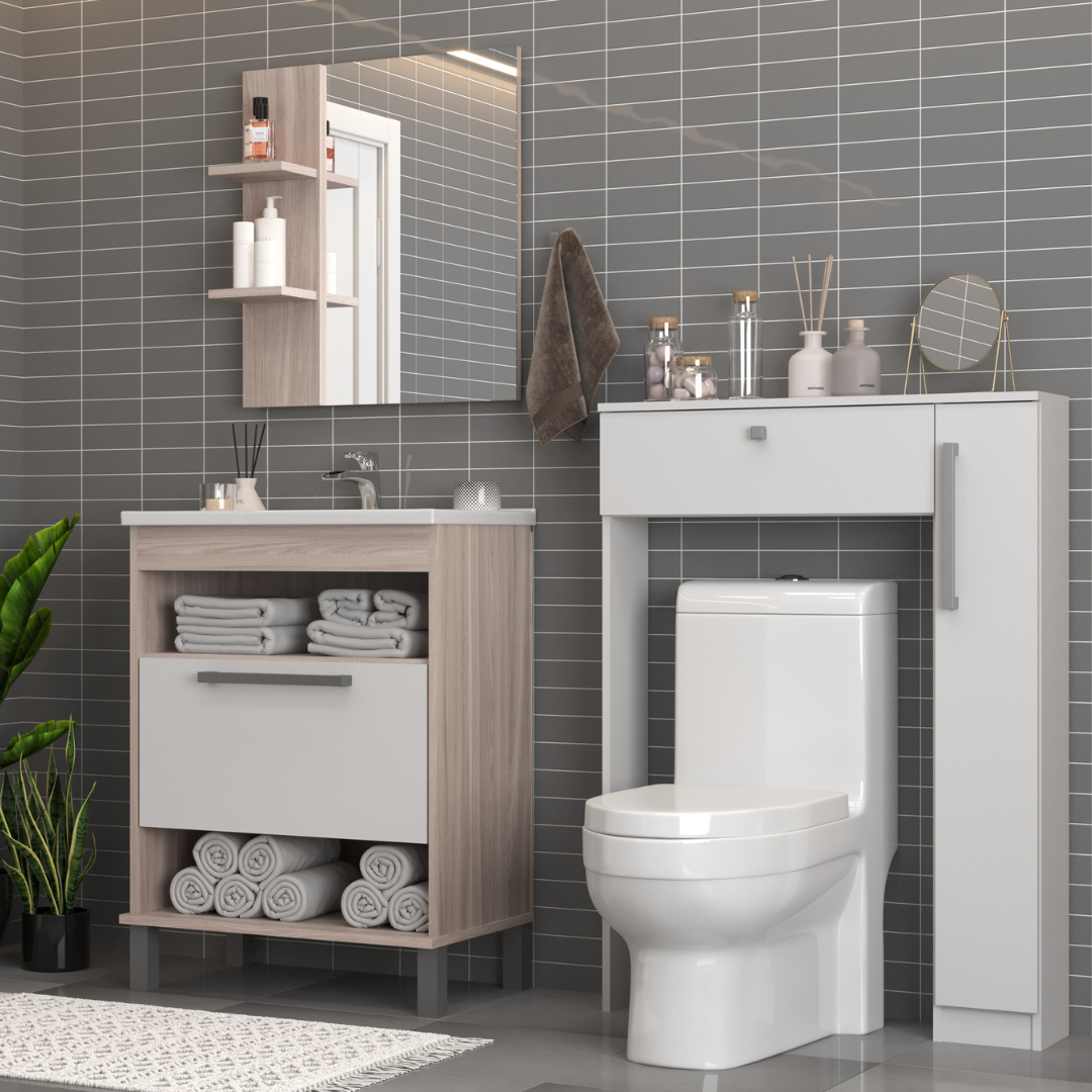Combo Baño Mueble 1 puerta 2 nichos + Organizador WC Malbec Blanco