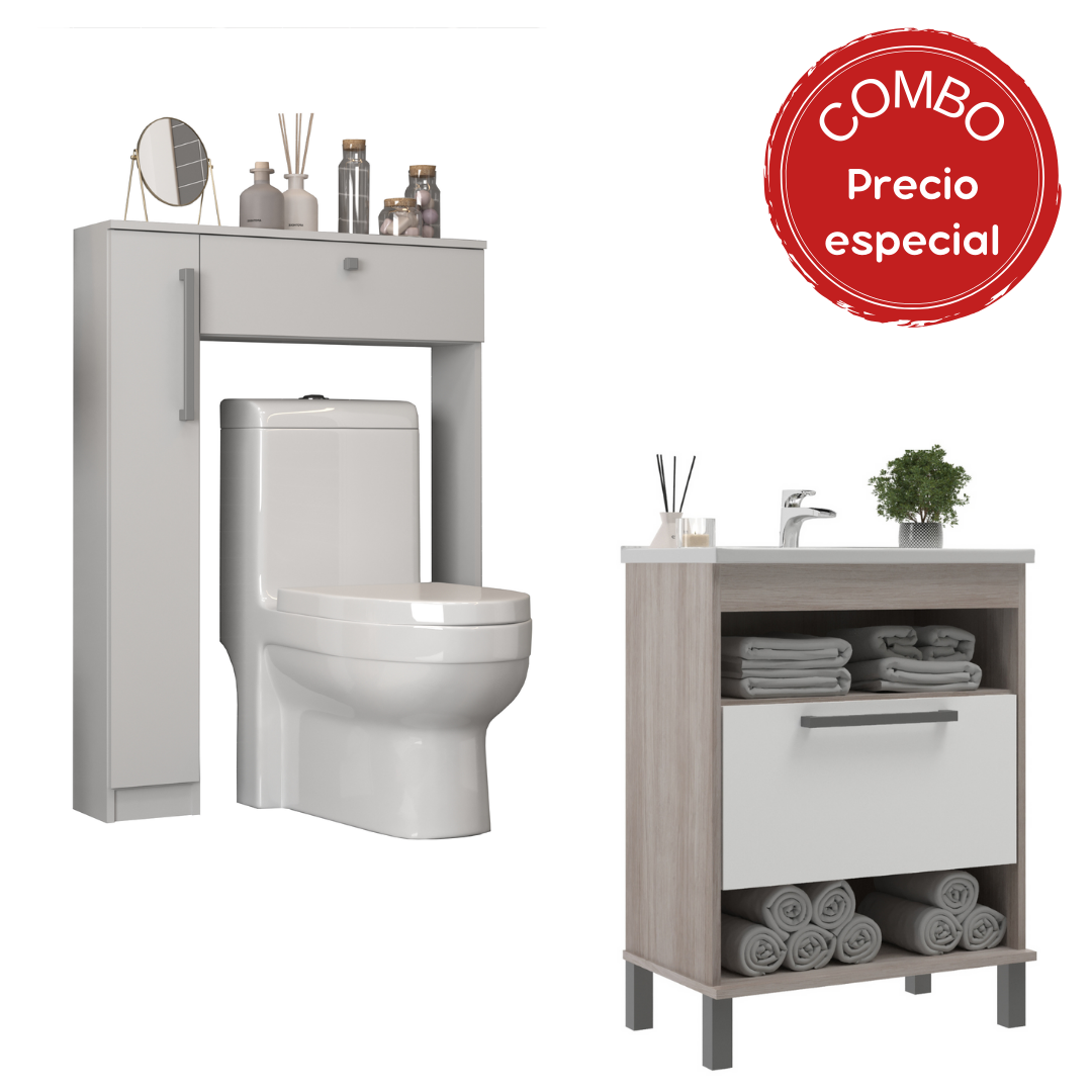 Combo Baño Mueble 1 puerta 2 nichos + Organizador WC Malbec Blanco