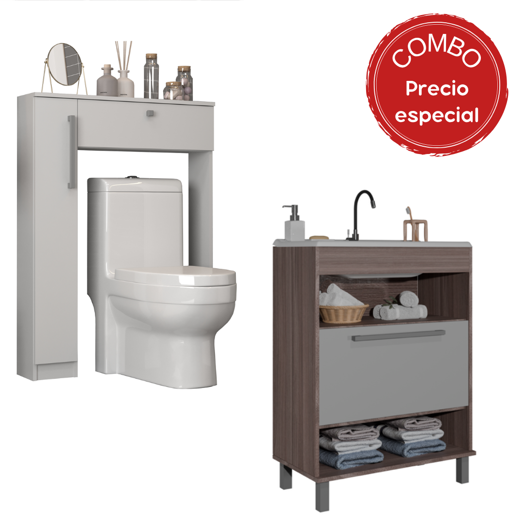 Combo Baño Mueble 1 puerta 2 nichos + Organizador WC Smoke Blanco