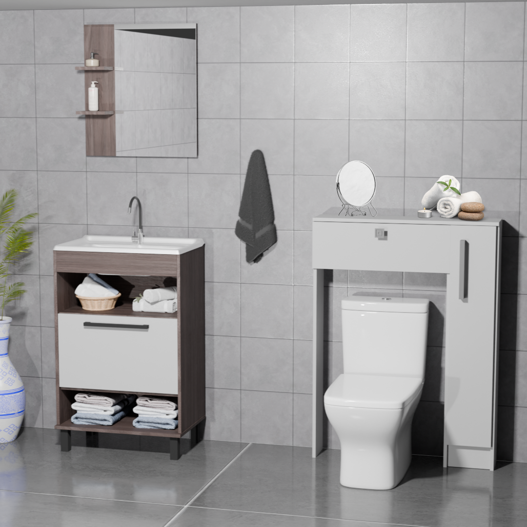Combo Baño Mueble 1 puerta 2 nichos + Organizador WC Smoke Blanco