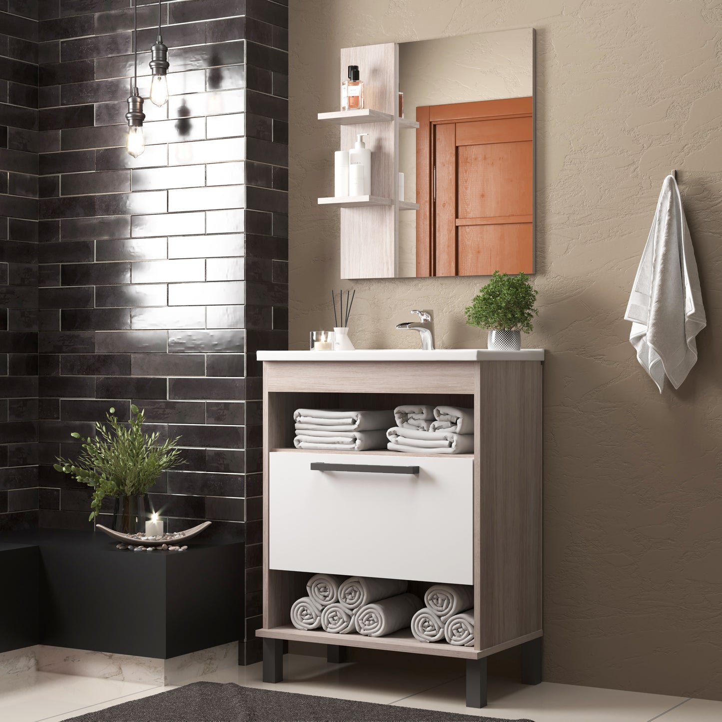 Mueble Baño con lavamanos 1 Puerta 2 Nichos Malbec Blanco