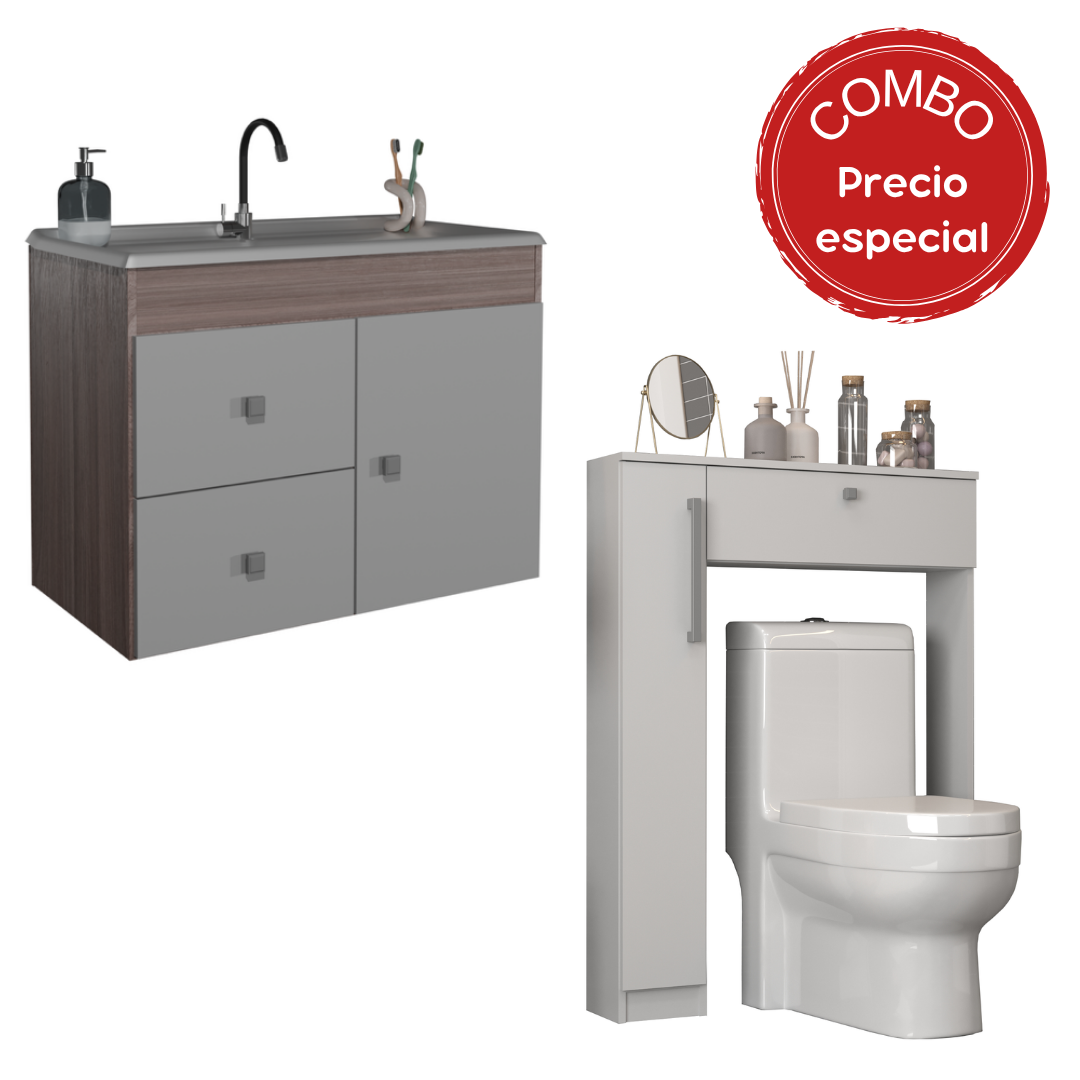 Combo Baño Mueble 1 puerta 2 cajones + Organizador WC Smoke Blanco