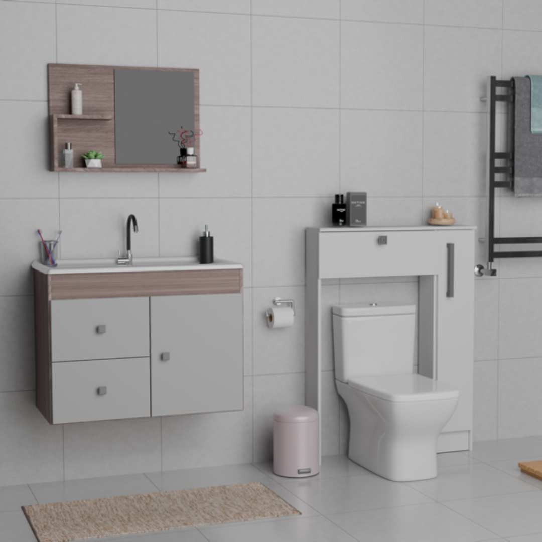 Combo Baño Mueble 1 puerta 2 cajones + Organizador WC Smoke Blanco