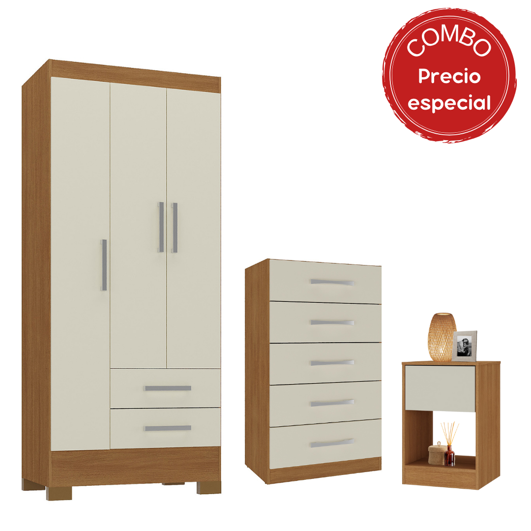 Combo Closet + Cómoda + Velador Canela Blanco Off White