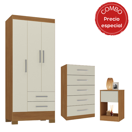 Combo Closet + Cómoda + Velador Canela Blanco Off White