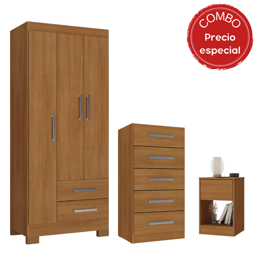 Combo Closet + Cómoda + Velador Canela