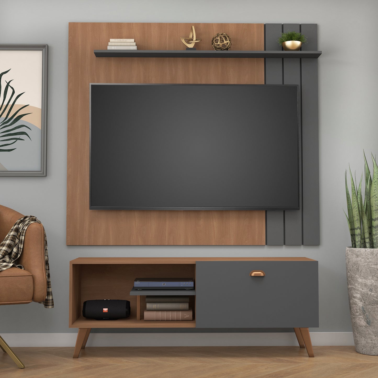 Combo Panel + Rack TV 1 puerta Café Gris