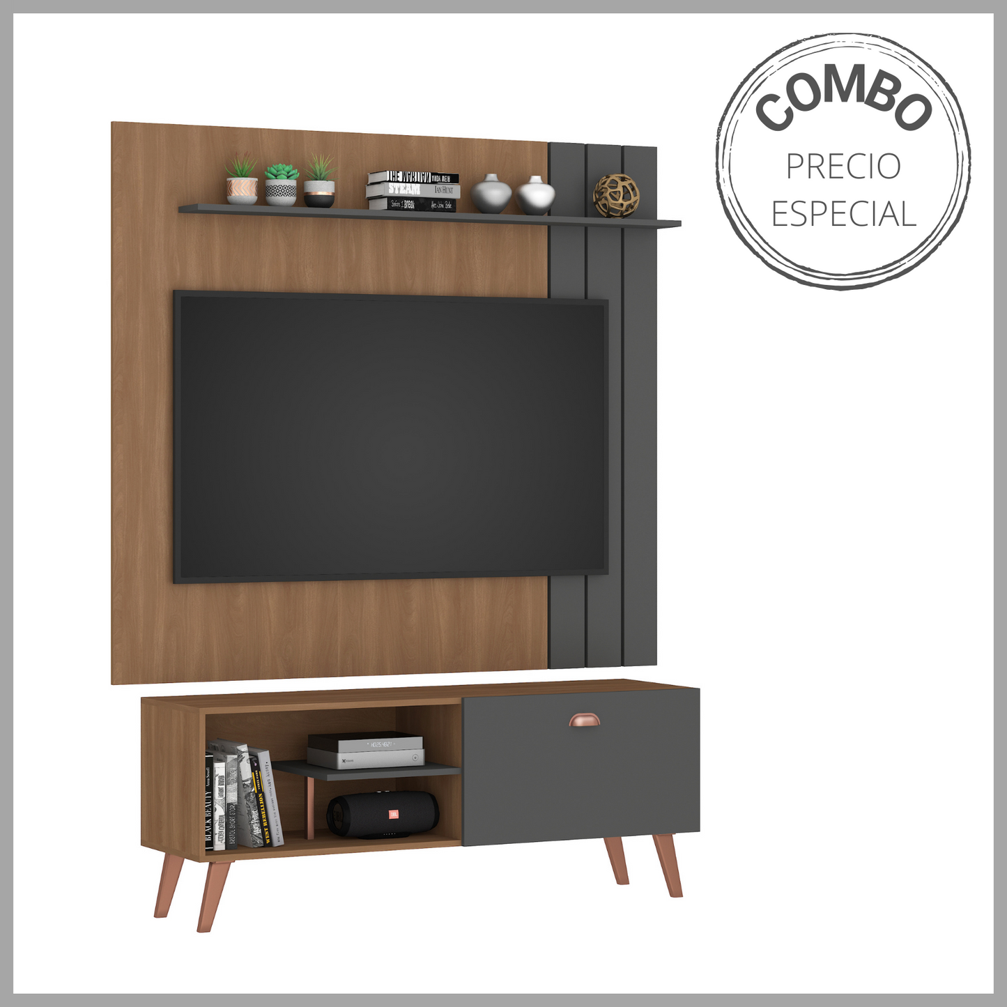 Combo Panel + Rack TV 1 puerta Café Gris