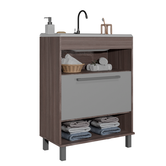 Mueble Baño con lavamanos 1 Puerta 2 Nichos Smoke Blanco