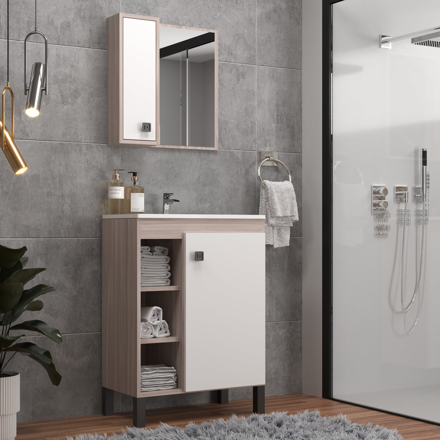 Mueble Baño con lavamanos 1 Puerta 3 Nichos Malbec Blanco