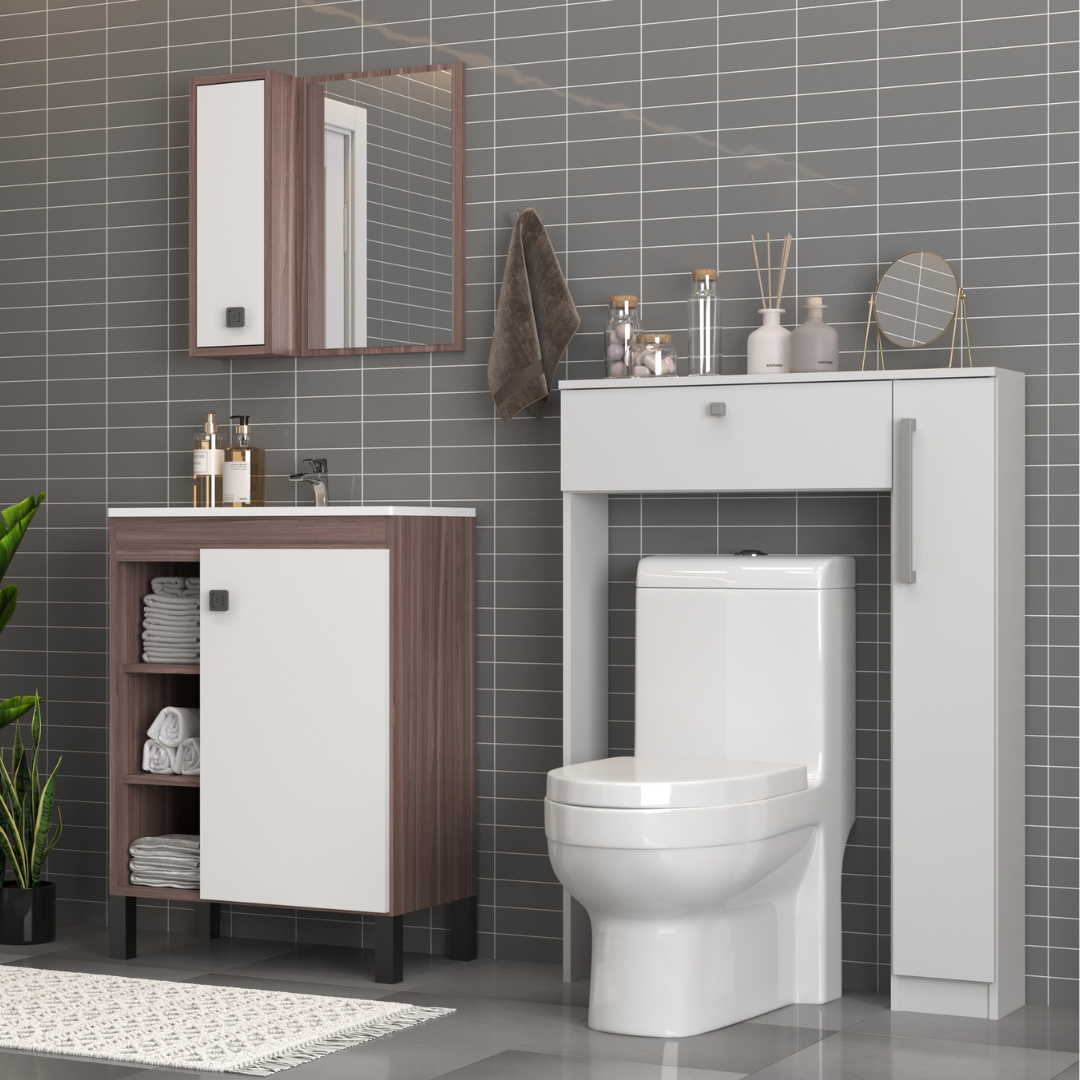 Combo Baño Mueble 1 puerta 3 Nichos + Organizador WC Smoke Blanco
