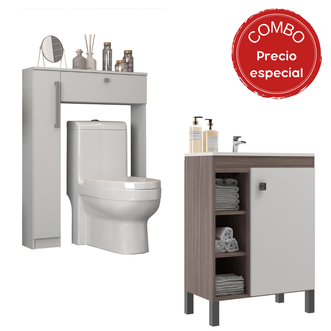 Combo Baño Mueble 1 puerta 3 Nichos + Organizador WC Smoke Blanco