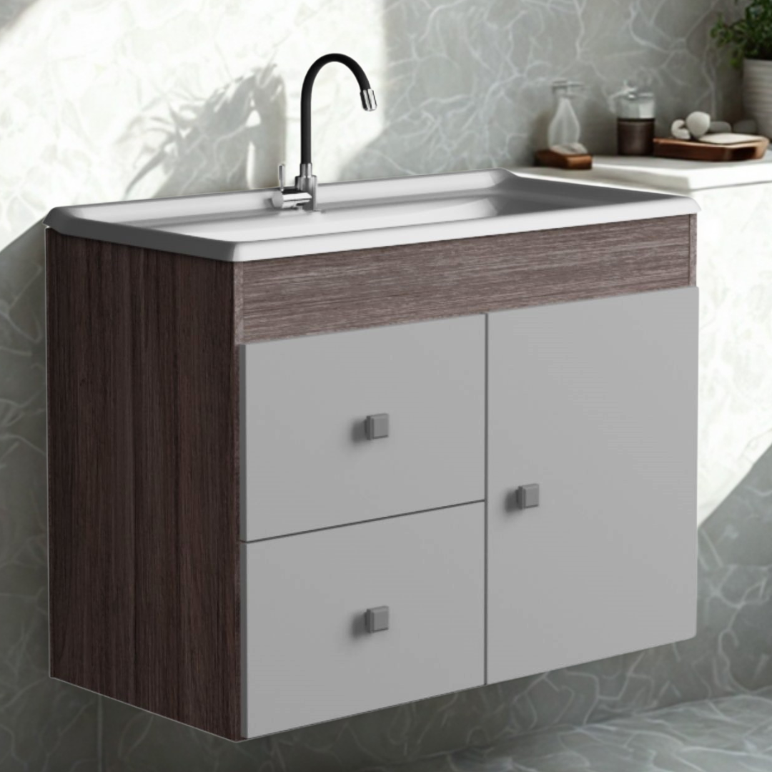 Mueble Baño con lavamanos 1 Puerta, 2 Cajones Smoke Blanco