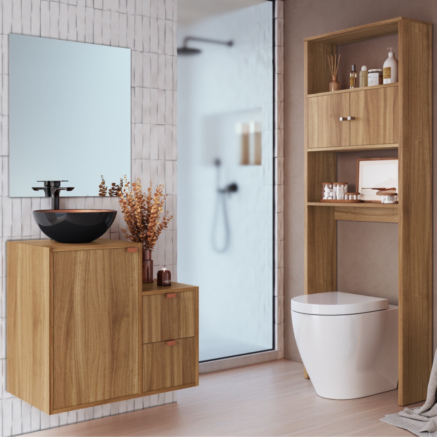Combo Mueble Baño 1 puerta 2 cajones Nogal + Organizador Nogal
