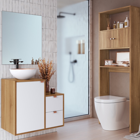 Combo Mueble Baño 1 puerta 2 cajones Nogal Blanco + Organizador Nogal
