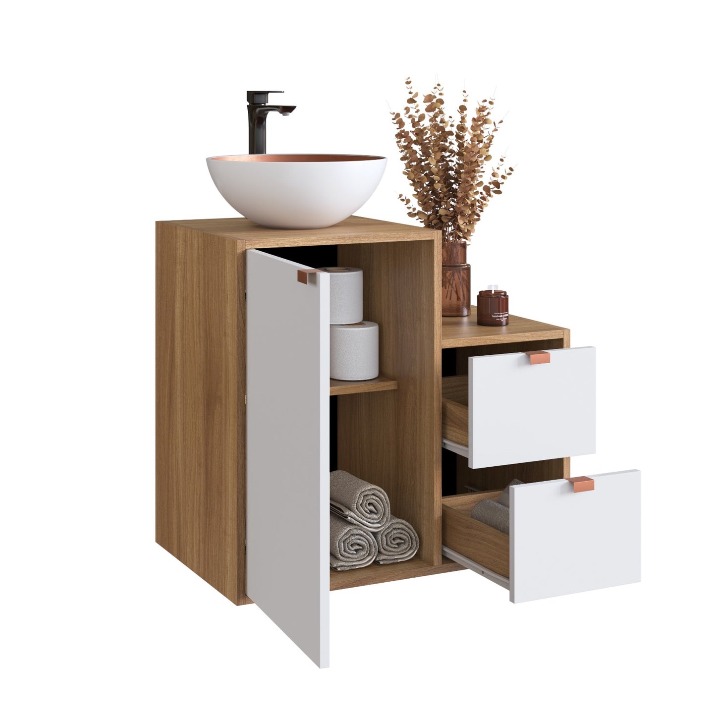 Combo Mueble Baño 1 puerta 2 cajones Nogal Blanco + Organizador Nogal