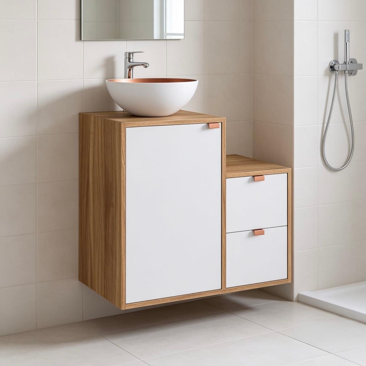 Mueble Baño con lavamanos 1 puerta 2 cajones Nogal Blanco