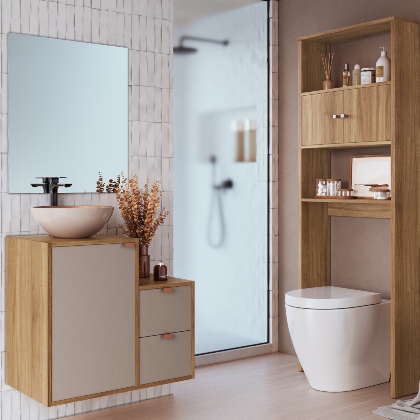 Combo Mueble Baño 1 puerta 2 cajones Nogal Gris + Organizador Nogal
