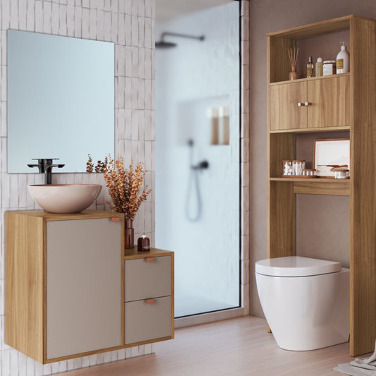 Combo Mueble Baño 1 puerta 2 cajones Nogal Gris + Organizador Nogal