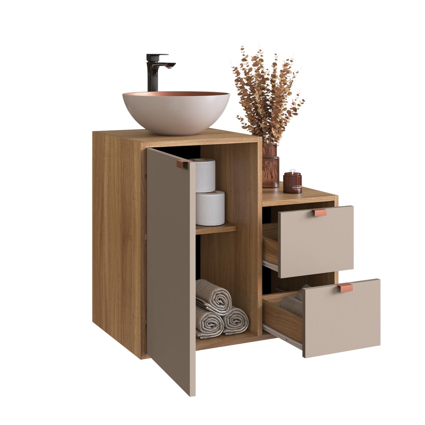 Mueble Baño con lavamanos 1 puerta 2 cajones Nogal Gris