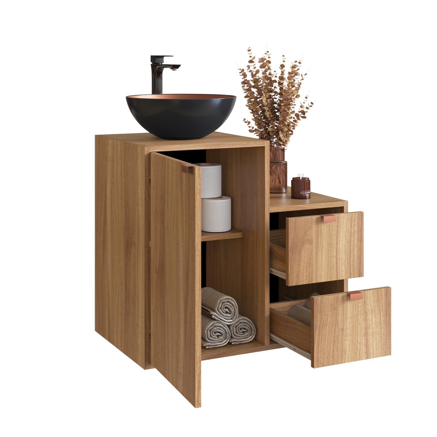 Combo Mueble Baño 1 puerta 2 cajones Nogal + Organizador Nogal