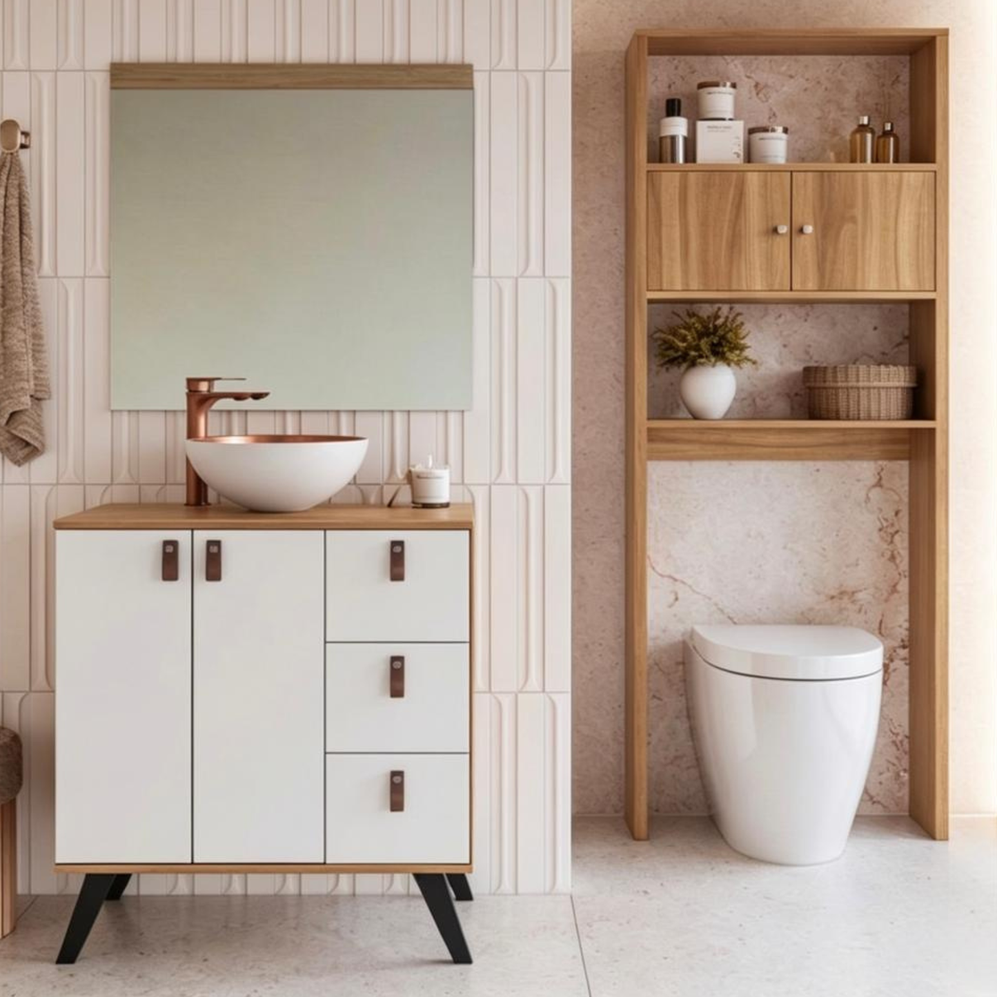 Combo Mueble Baño 2 puertas 3 cajones Nogal Blanco + Organizador Nogal