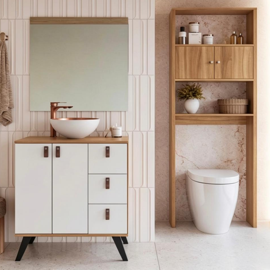 Combo Mueble Baño 2 puertas 3 cajones Nogal Blanco + Organizador Nogal