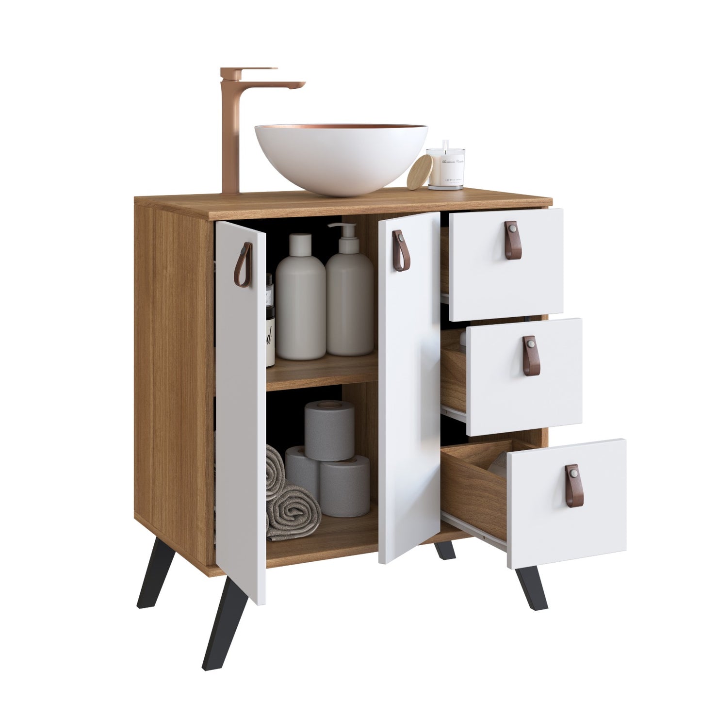 Mueble Baño con lavamanos 2 puertas 3 cajones Nogal Blanco