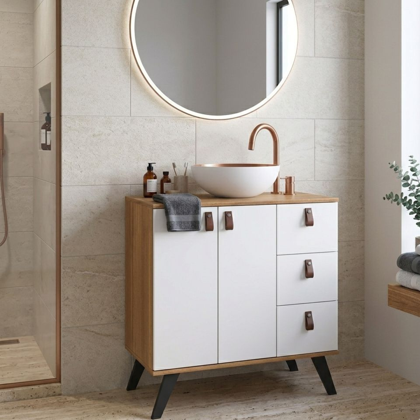 Mueble Baño con lavamanos 2 puertas 3 cajones Nogal Blanco