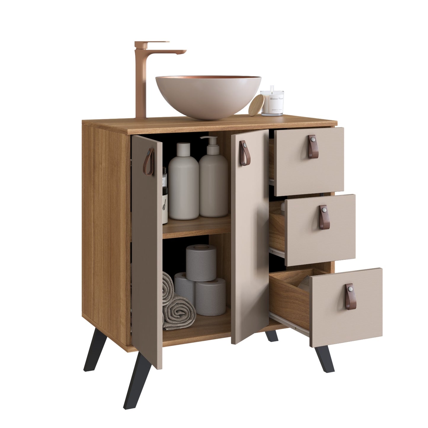 Mueble Baño con lavamanos 2 puertas 3 cajones Nogal Gris