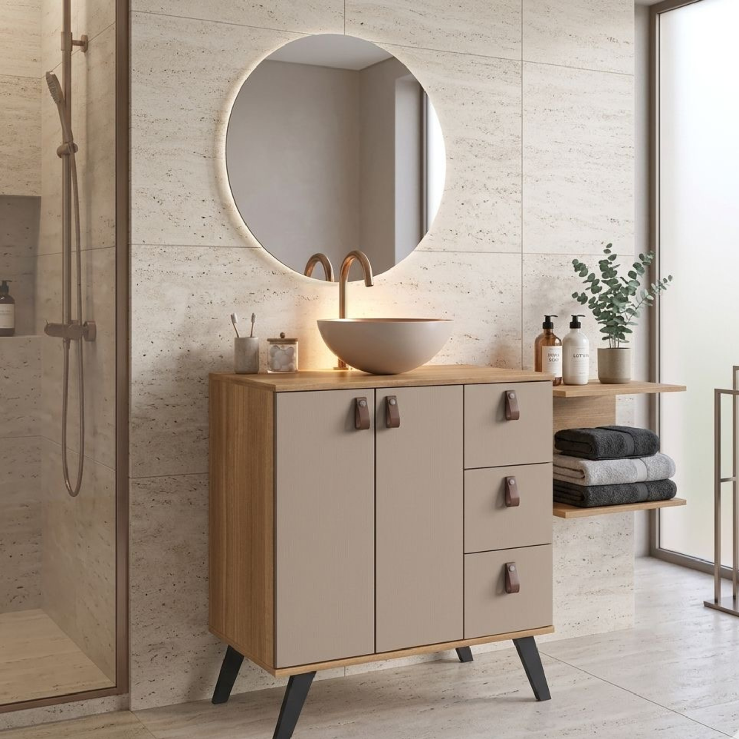 Mueble Baño con lavamanos 2 puertas 3 cajones Nogal Gris