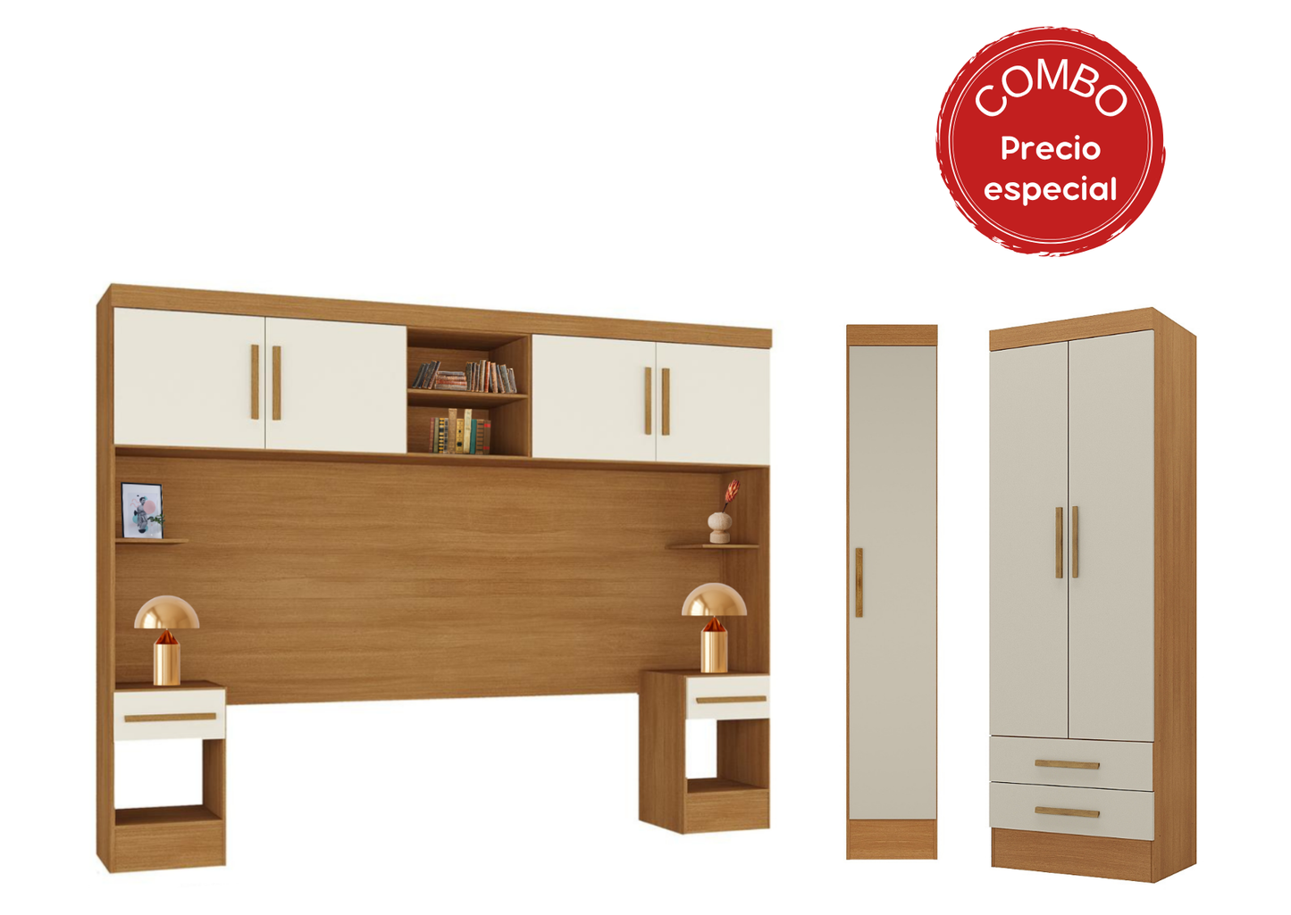 Set Trasera Aéreo Veladores + Closet 1 puerta + Closet 2 puertas 2 cajones Canela Off White