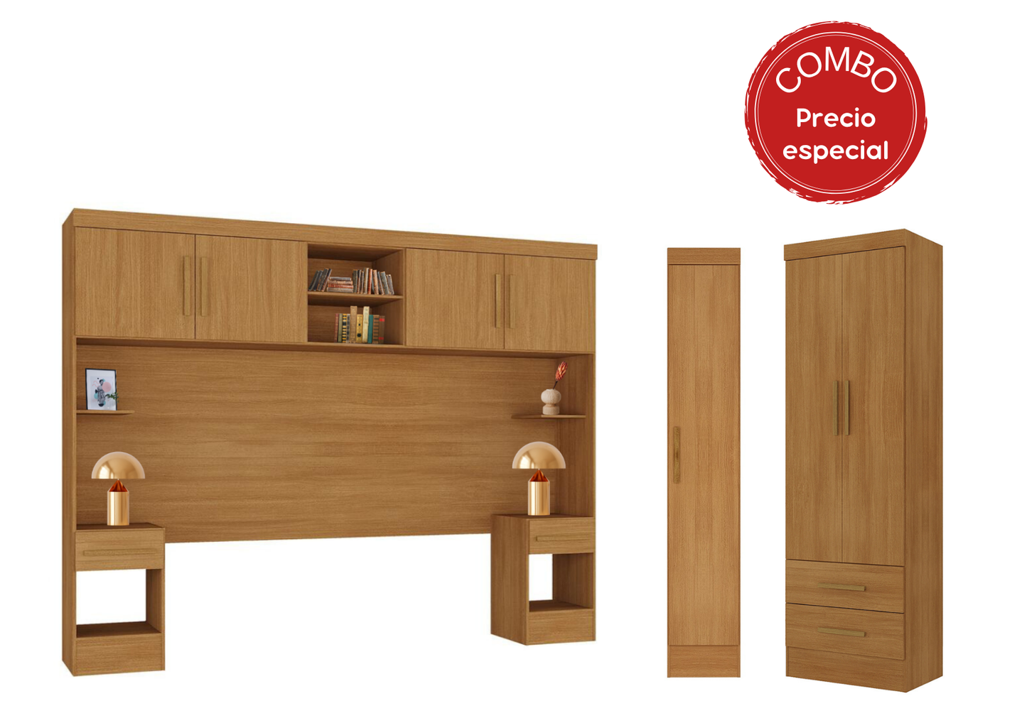 Set Trasera Aéreo Veladores + Closet 1 puerta + Closet 2 puertas 2 cajones Canela