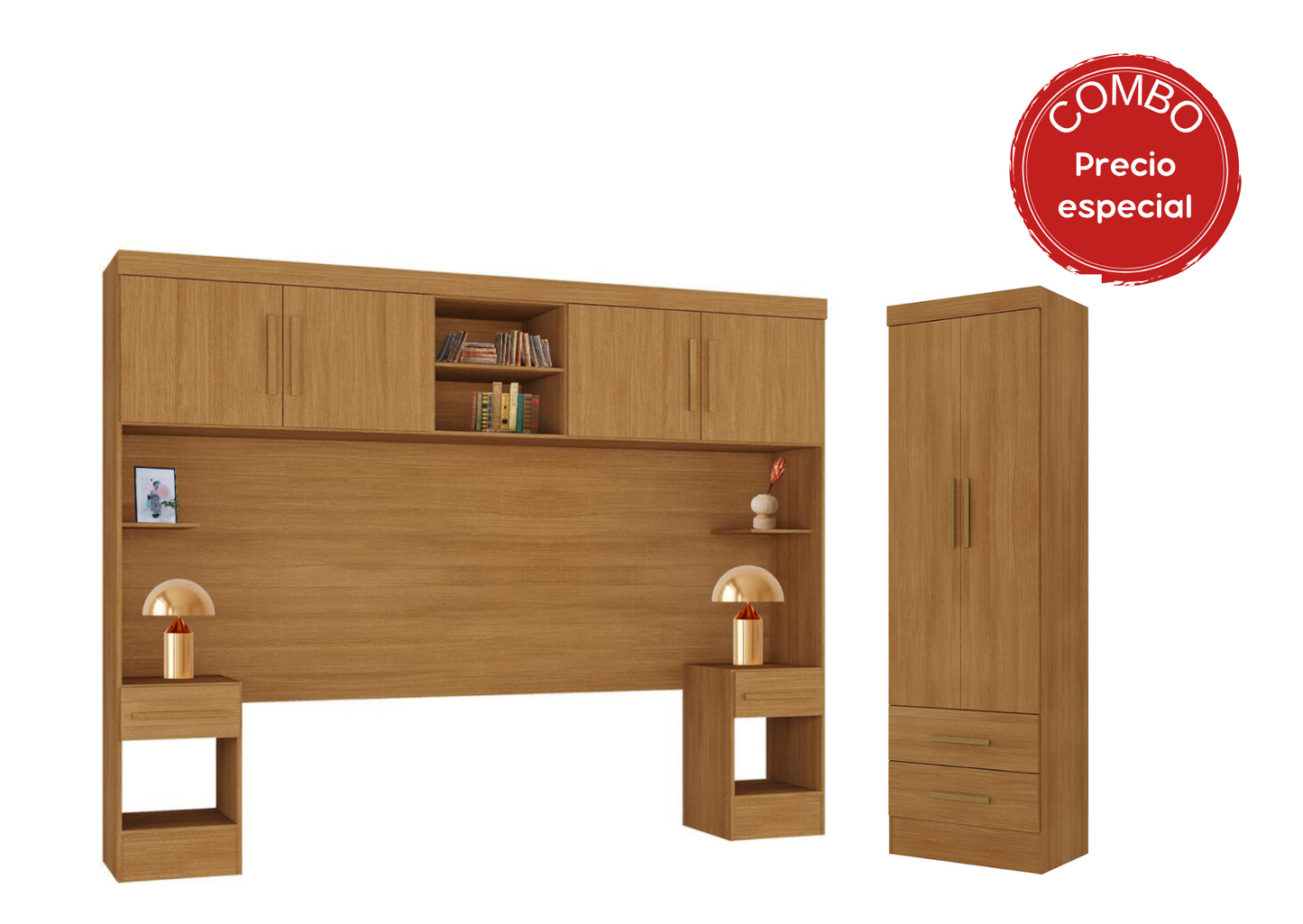 Set Trasera Aéreo Veladores + Closet 2 puertas 2 cajones Canela