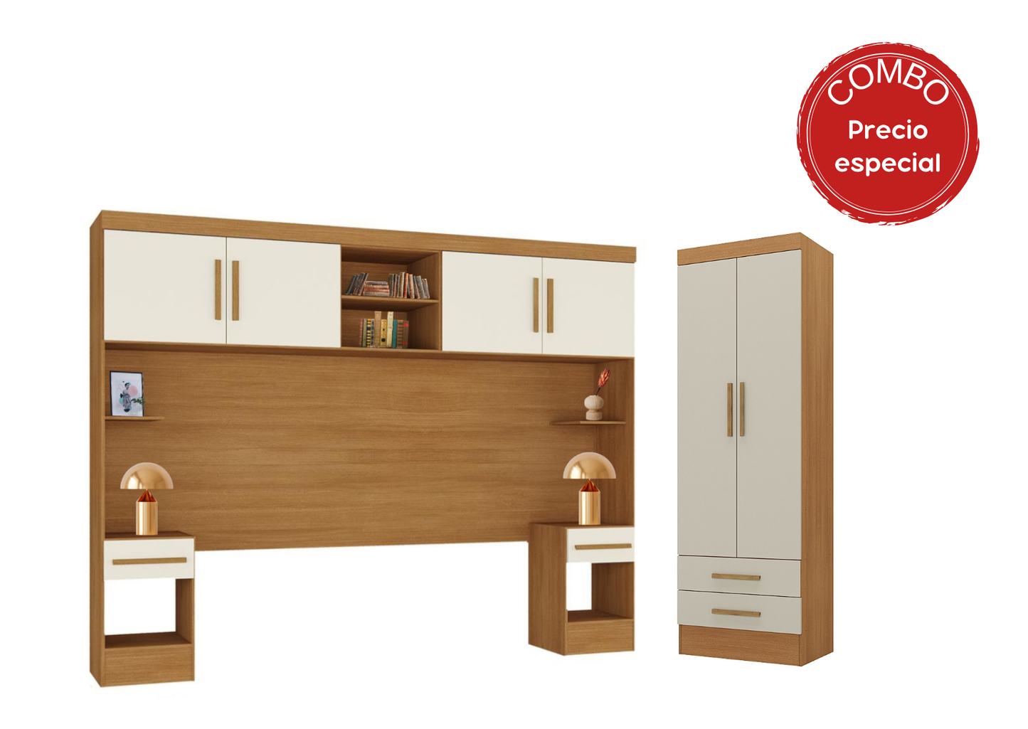 Set Trasera Aéreo Veladores + Closet 2 puertas 2 cajones Canela Off White