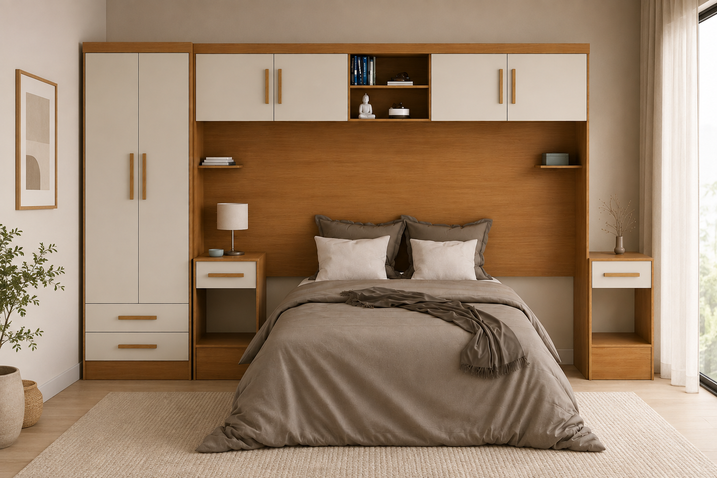 Set Trasera Aéreo Veladores + Closet 2 puertas 2 cajones Canela Off White