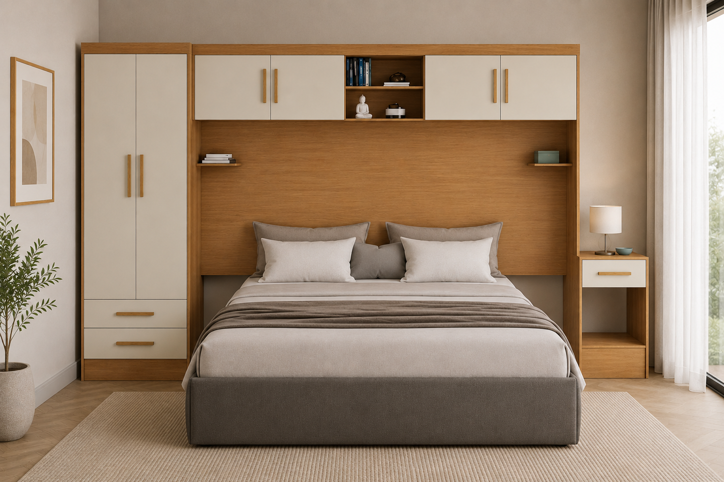 Set Trasera Aéreo Veladores + Closet 2 puertas 2 cajones Canela Off White