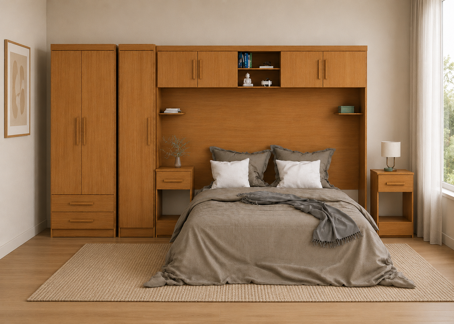 Set Trasera Aéreo Veladores + Closet 1 puerta + Closet 2 puertas 2 cajones Canela
