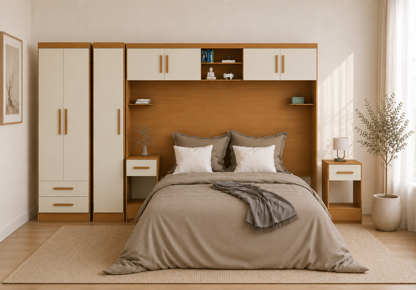 Set Trasera Aéreo Veladores + Closet 1 puerta + Closet 2 puertas 2 cajones Canela Off White
