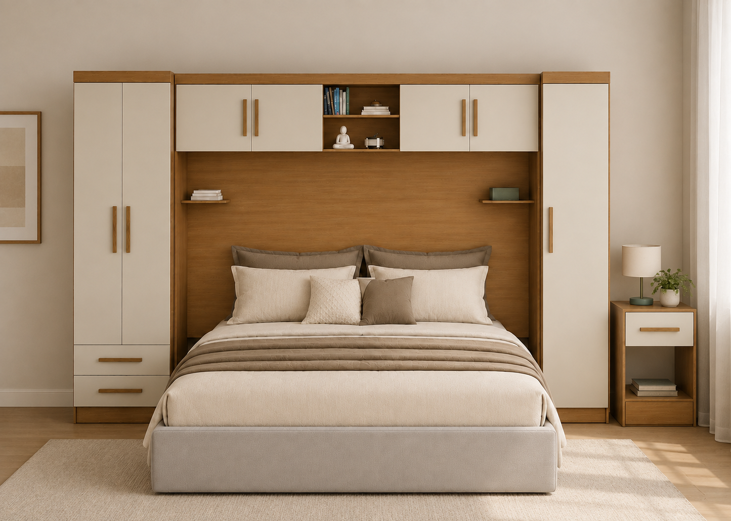 Set Trasera Aéreo Veladores + Closet 1 puerta + Closet 2 puertas 2 cajones Canela Off White