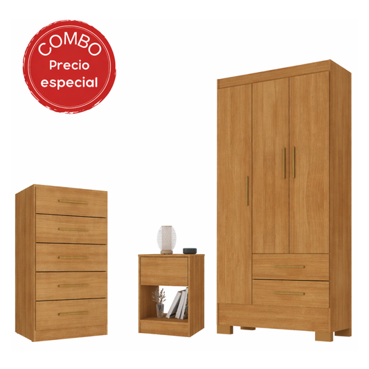Combo Closet + Cómoda + Velador Canela