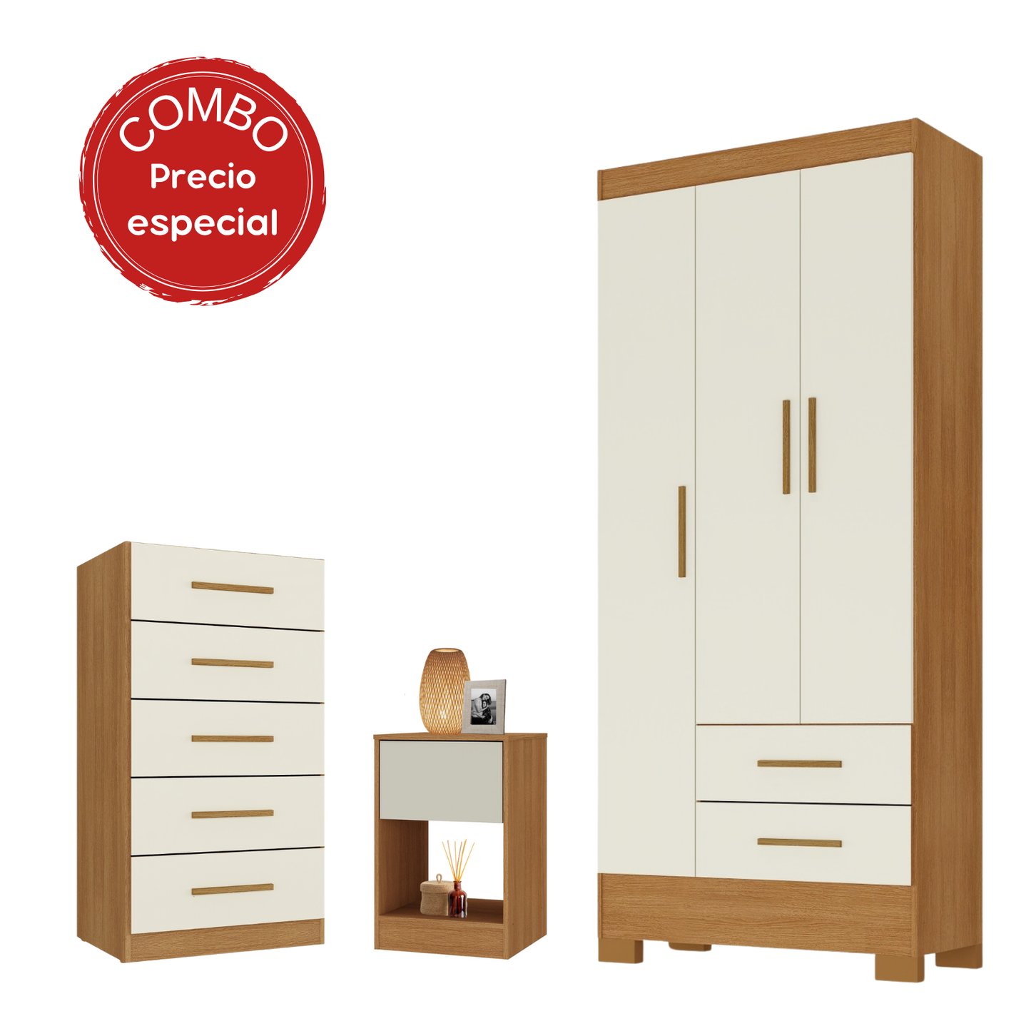 Combo Closet + Cómoda + Velador Canela Blanco Off White