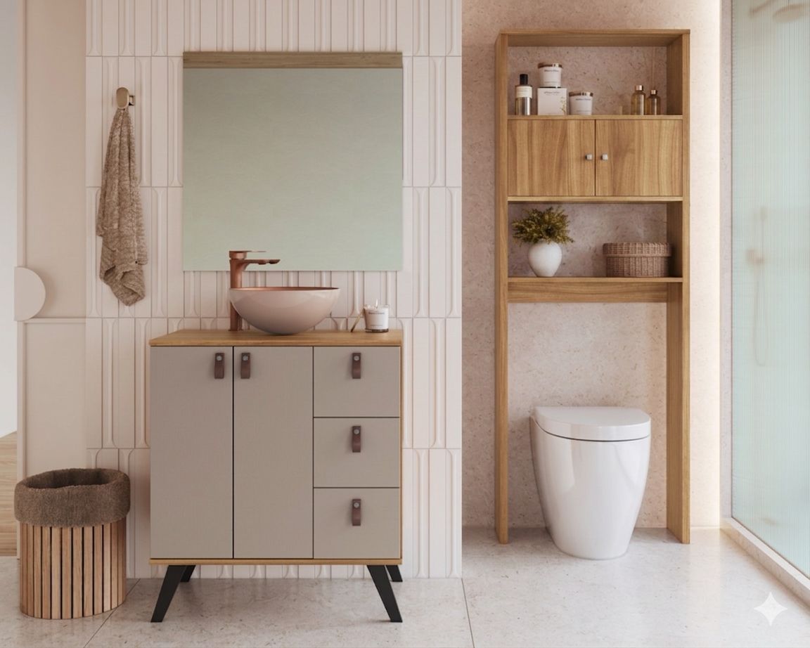 Combo Mueble Baño 2 puertas 3 cajones Nogal Gris + Organizador Nogal