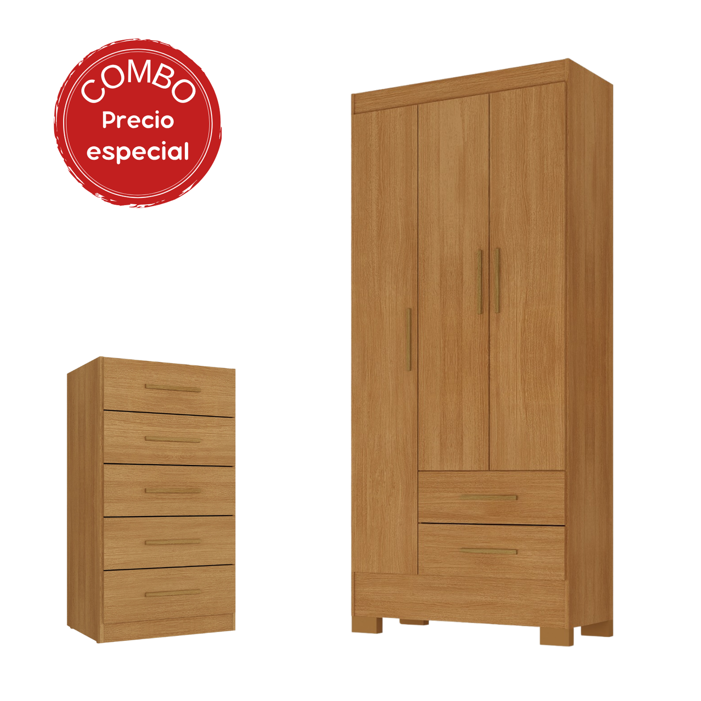Combo Closet 3 puertas 2 cajones + cómoda 5 cajones Canela