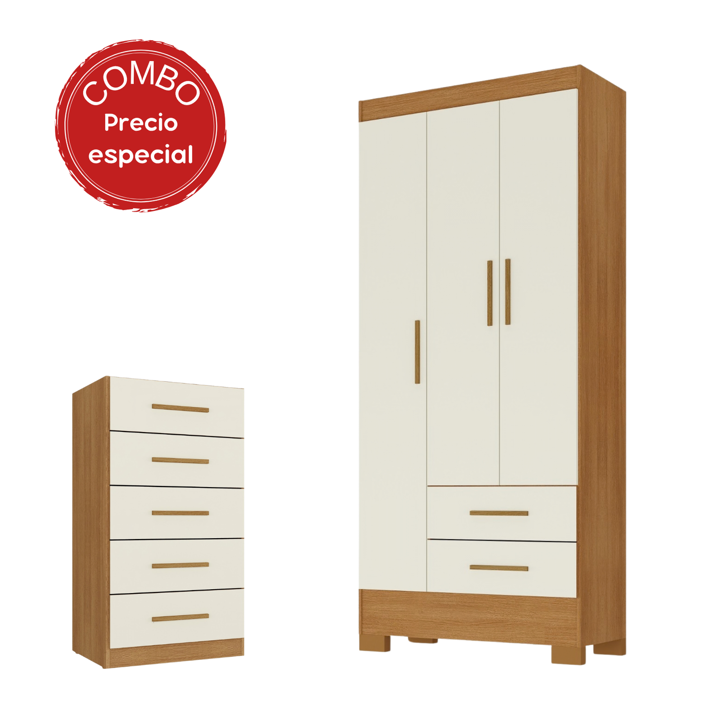 Combo Closet 3 puertas 2 cajones + cómoda 5 cajones Canela Off White