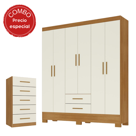 Combo Closet 6 puertas 2 cajones + cómoda 5 cajones Canela Off White